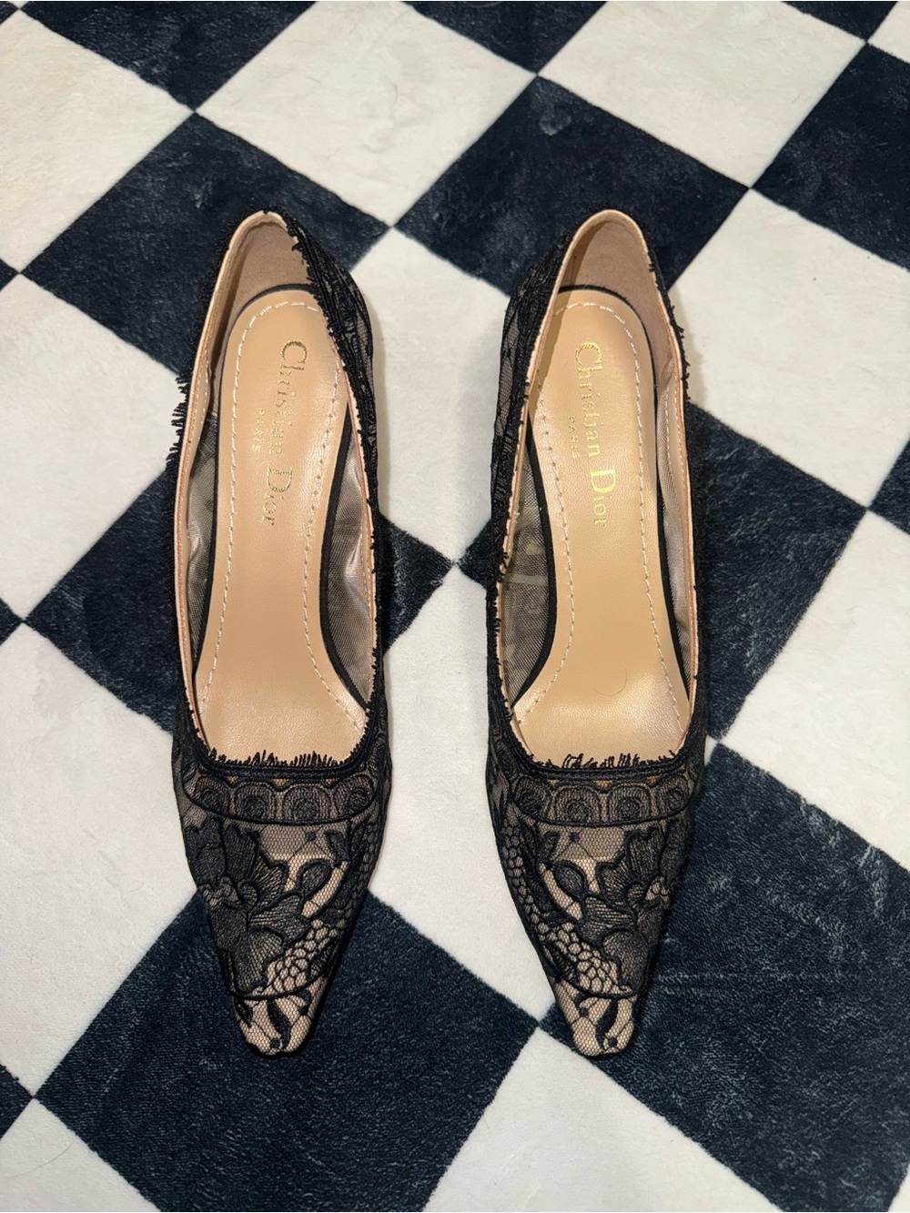 Dior Black Lace Pointed-Toe Heels with Nude Insole